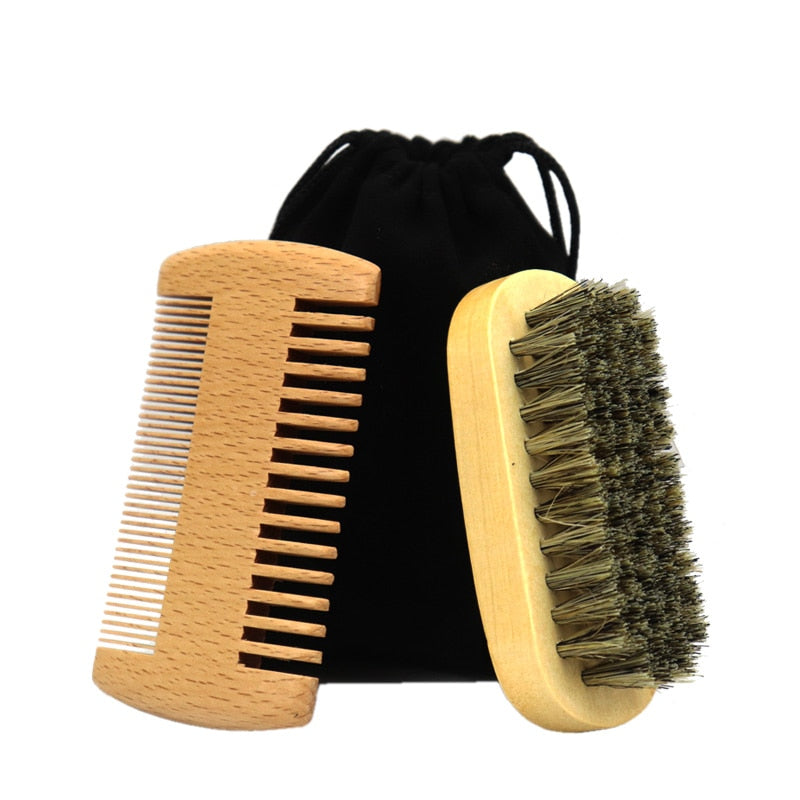 RIRON Custom Logo Wood Beard Brush And Comb Set For Men Gift Mustache Care Tool