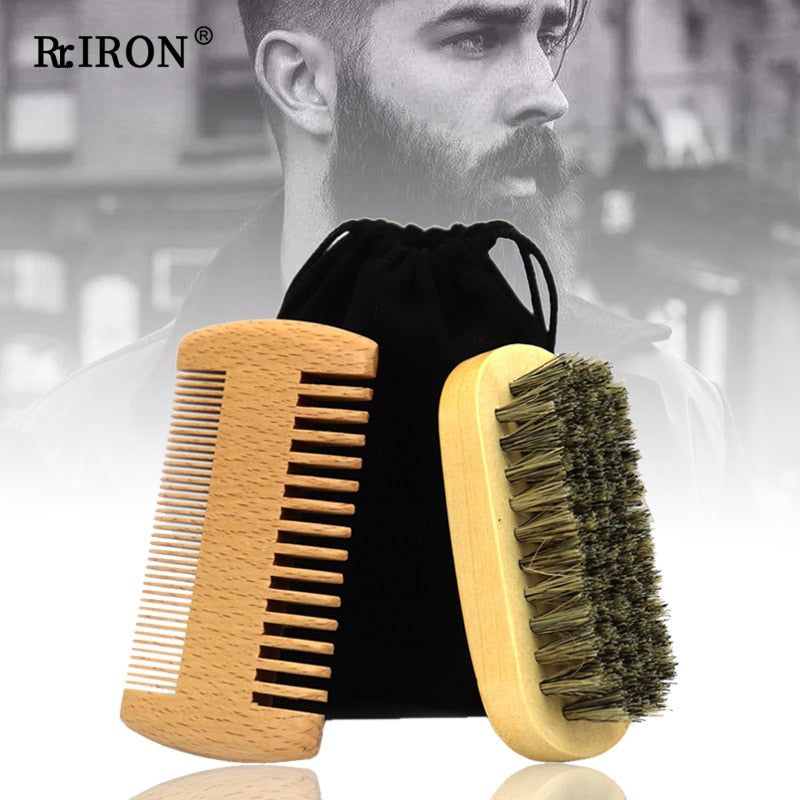RIRON Custom Logo Wood Beard Brush And Comb Set For Men Gift Mustache Care Tool